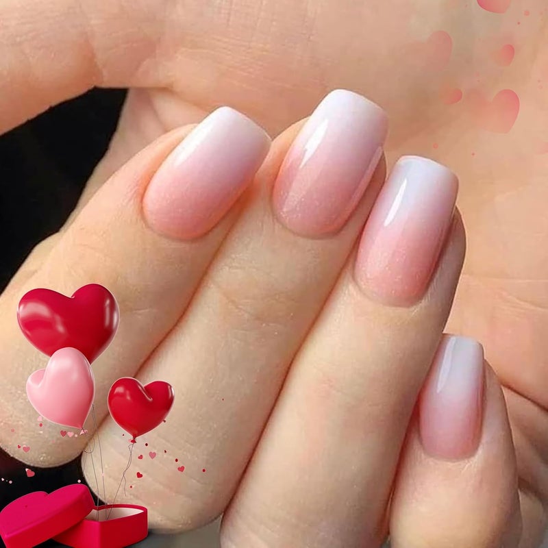 modelones Pink Ombre Press on Nails, Valentines Short Square Fake Nails, Reusable Nail Kit with Nail Glue Adhesive Tabs Mini Nail File, Nails Press Ons 32Pcs 16 Sizes, Women Girl Gift - Image 1